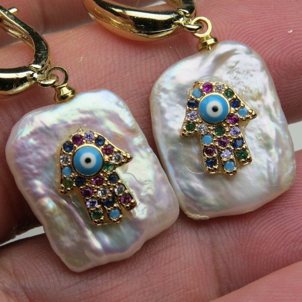 14k Diamond Emerald Ruby  Sapphire Turquoise Pearl Chamse Evil eye Hand Earring